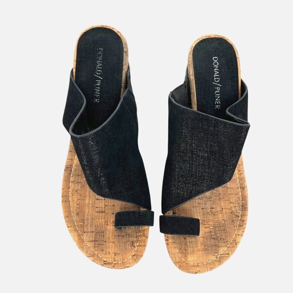 Donald Pliner Gyer Black Metallic Leather Cork Wedge Sandals Size 8.5 - Picture 4 of 12